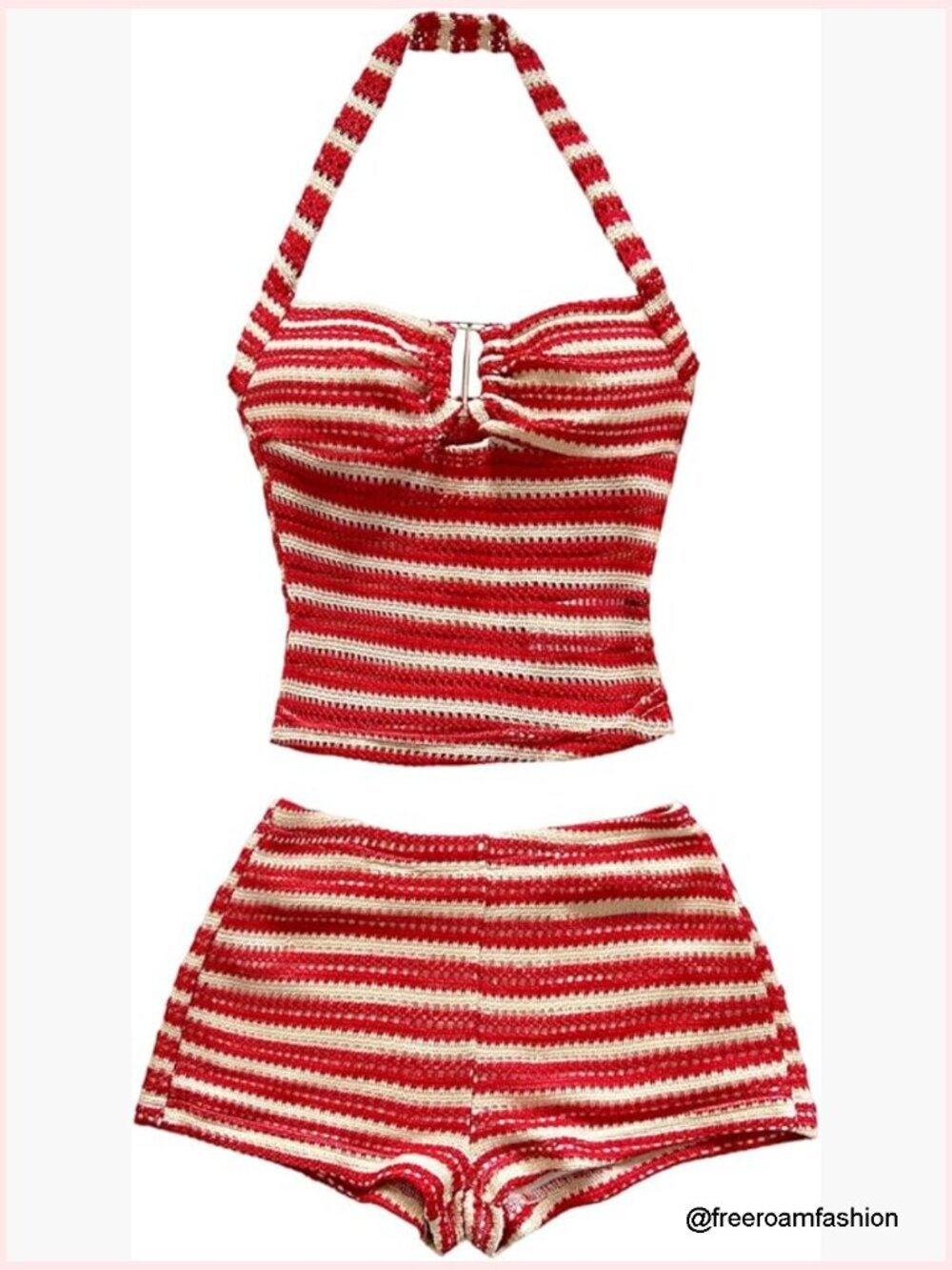 Women's Striped Crochet Halter Top and Mini Shorts Beach Set